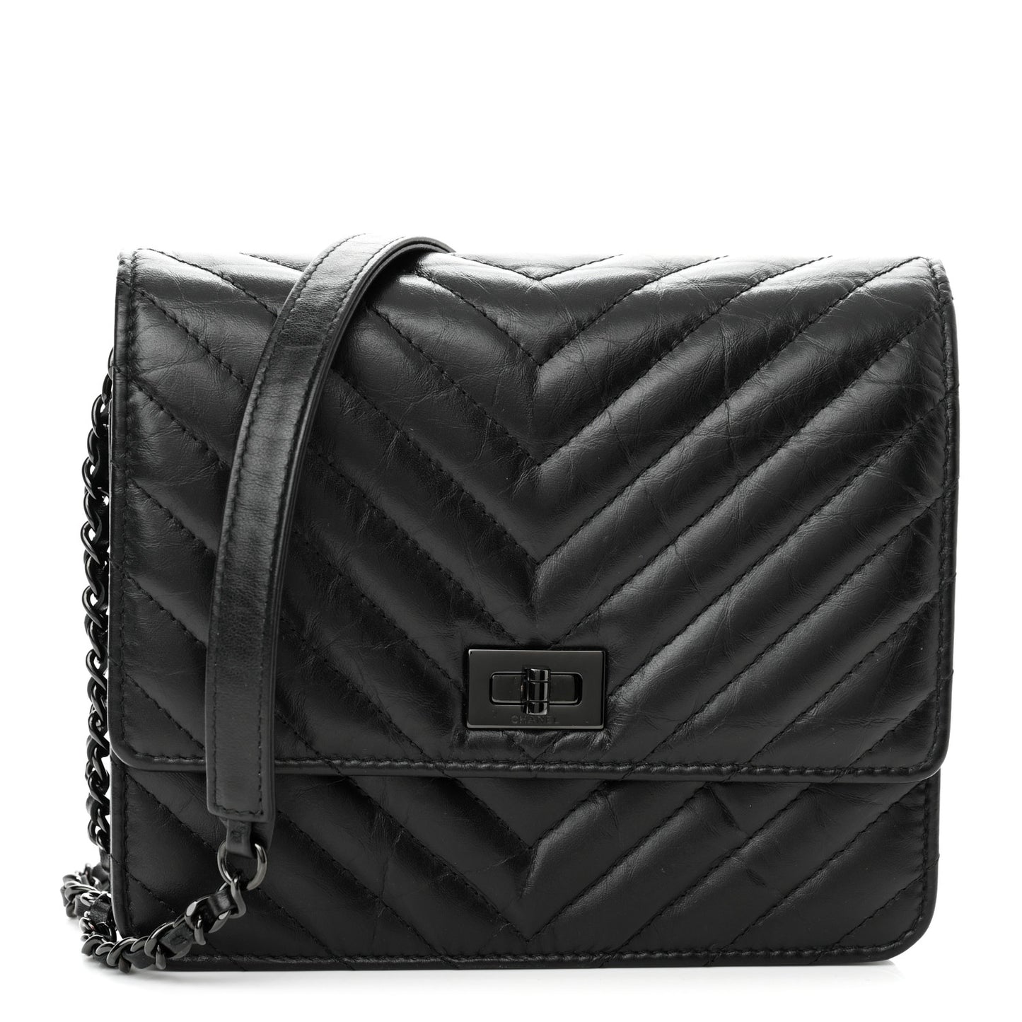 Aged Calfskin Chevron Quilted Reissue 2.55 Square Wallet On Chain WOC So Black