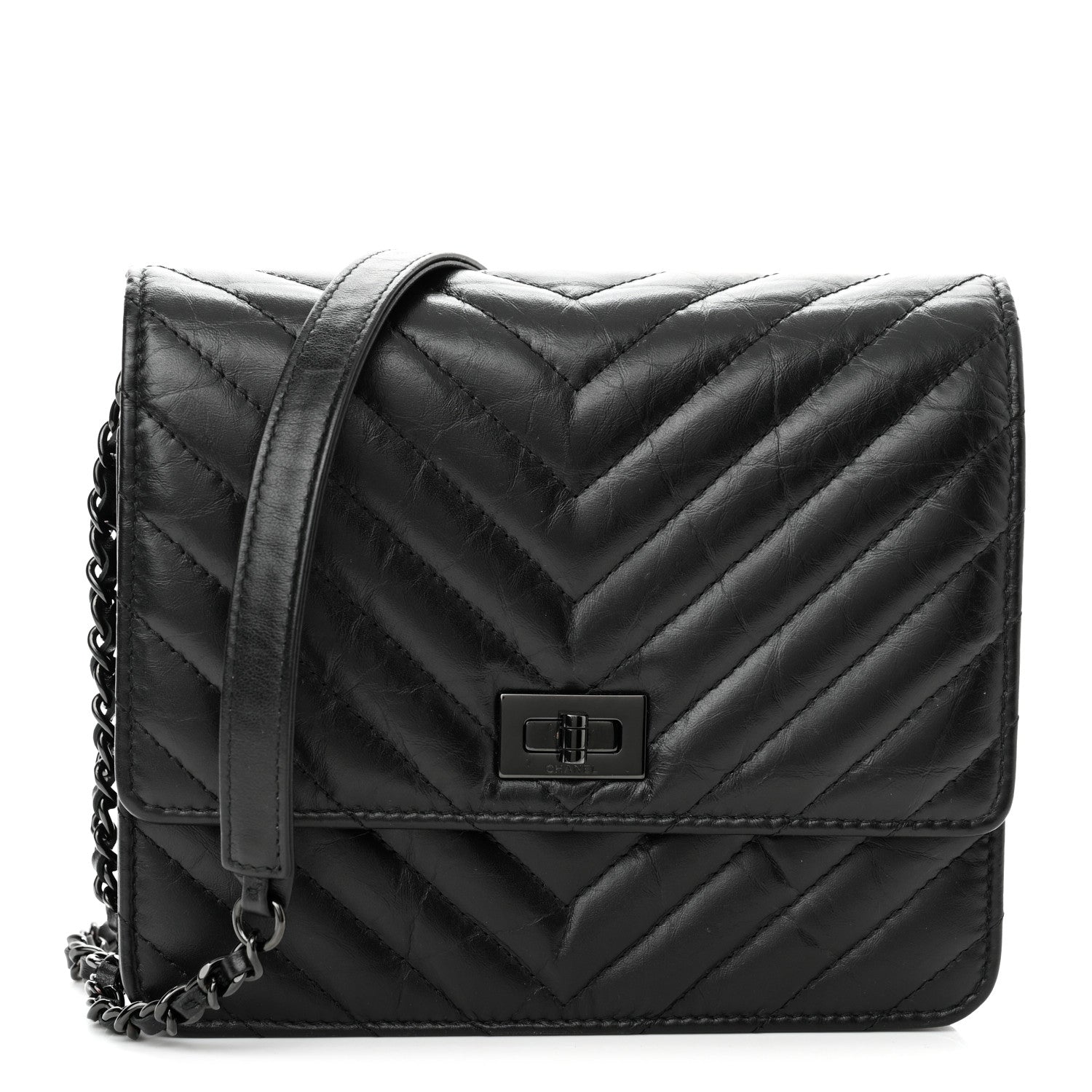 Chanel Aged Calfskin Chevron Quilted Reissue 2.55 Square Wallet On Chain WOC So Black 1 of 12