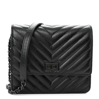 Chanel Aged Calfskin Chevron Quilted Reissue 2.55 Square Wallet On Chain WOC So Black 1 of 12