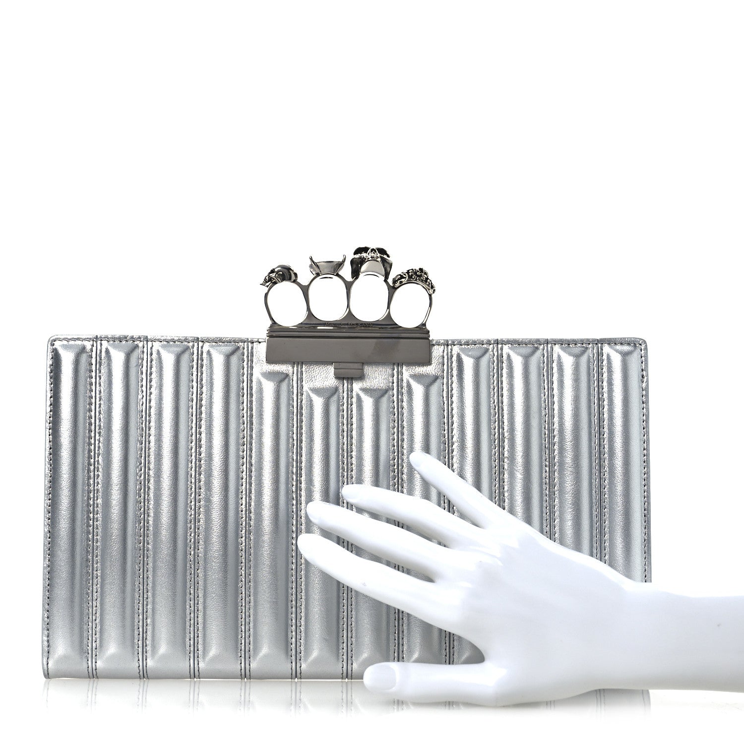 Alexander McQueen Metallic Calfskin Quilted Four Ring Knuckle Flat Clutch Silver 2 of 13