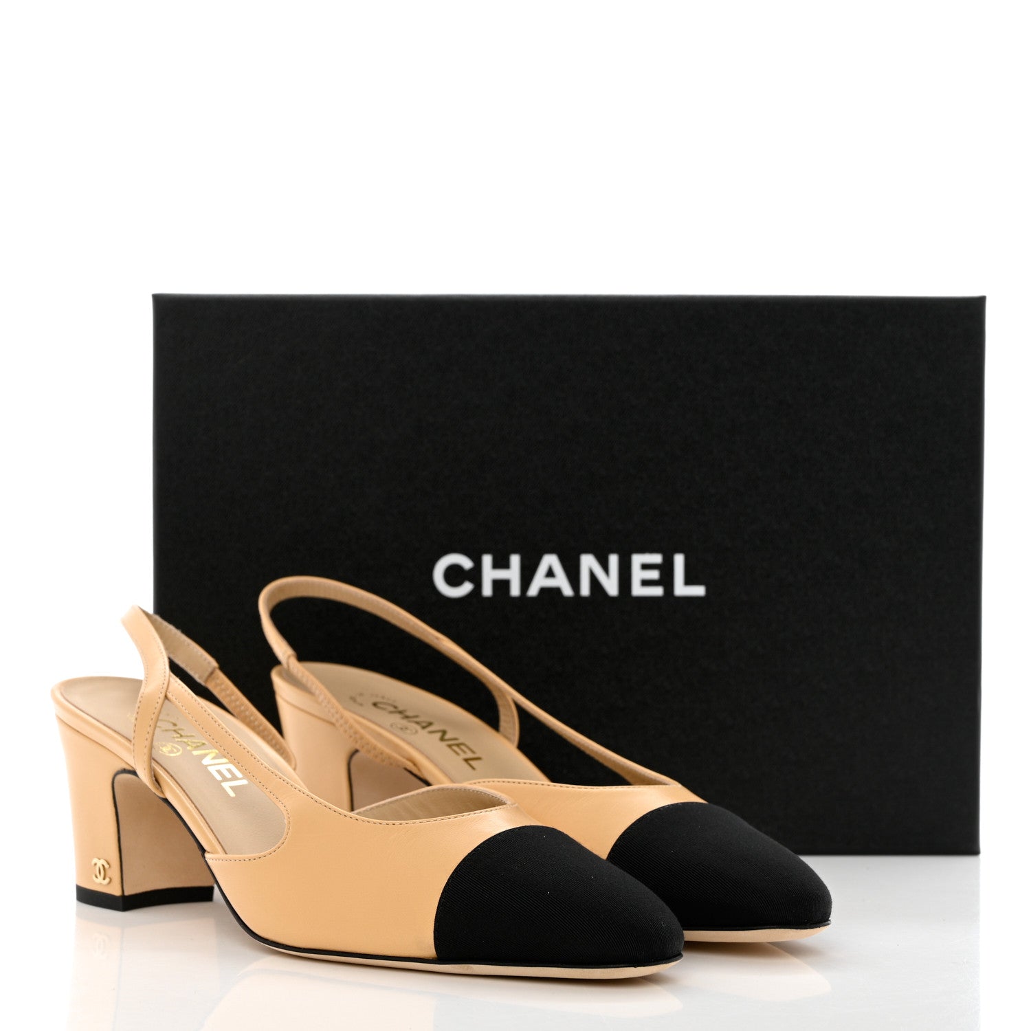 Chanel Goatskin Grosgrain Cap Toe CC Slingback Pumps 40 Beige Black 9 of 9