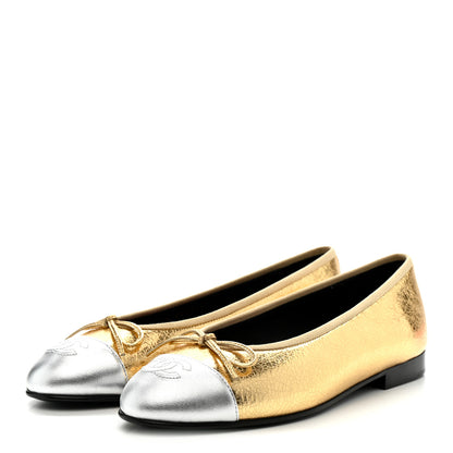 Chanel Crackled Laminated Calfskin CC Cap Toe Ballerina Flats 36.5 Gold Silver 4 of 10