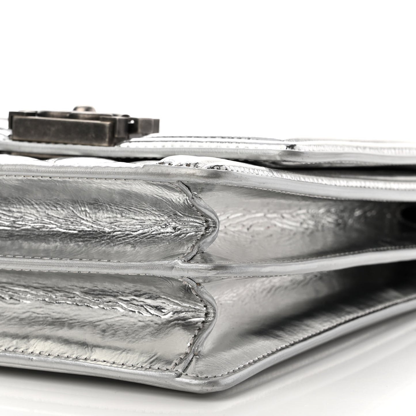 Metallic Goatskin Quilted North South Boy Flap Silver