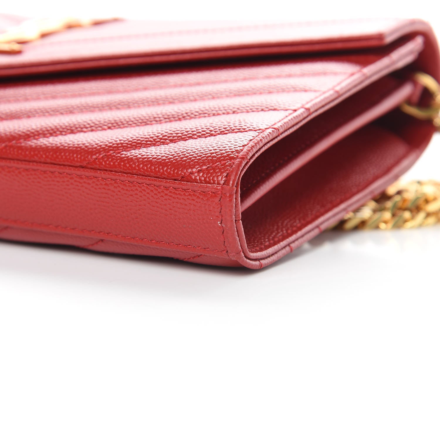 Saint Laurent Grain De Poudre Matelasse Chevron Monogram Chain Wallet Red 10 of 12