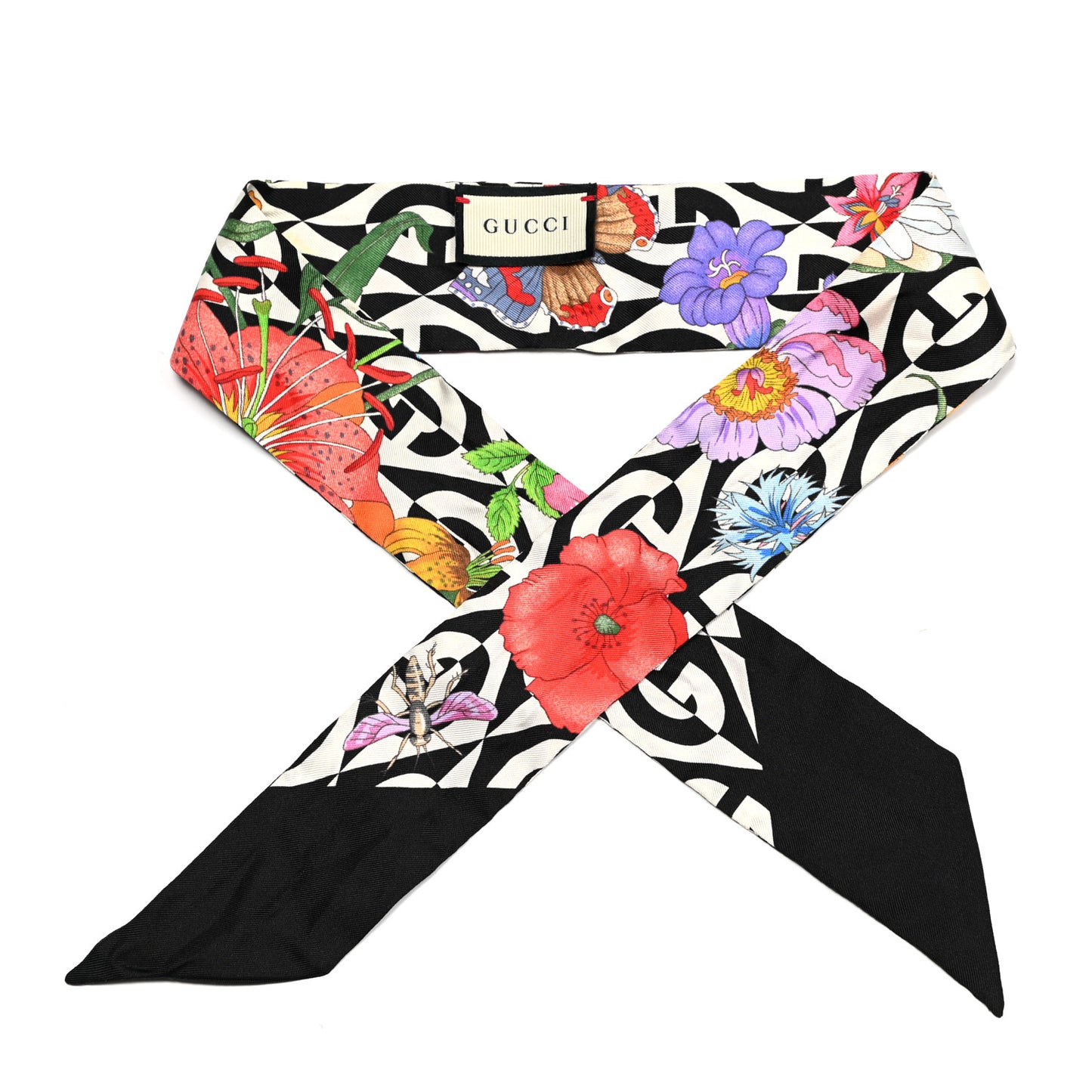 Silk Twill G Rhombus Flora Print Neck Bow Scarf Ivory Black