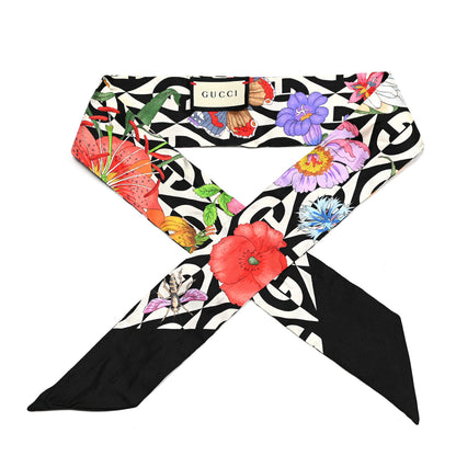 Gucci Silk Twill G Rhombus Flora Print Neck Bow Scarf Ivory Black 1 of 4