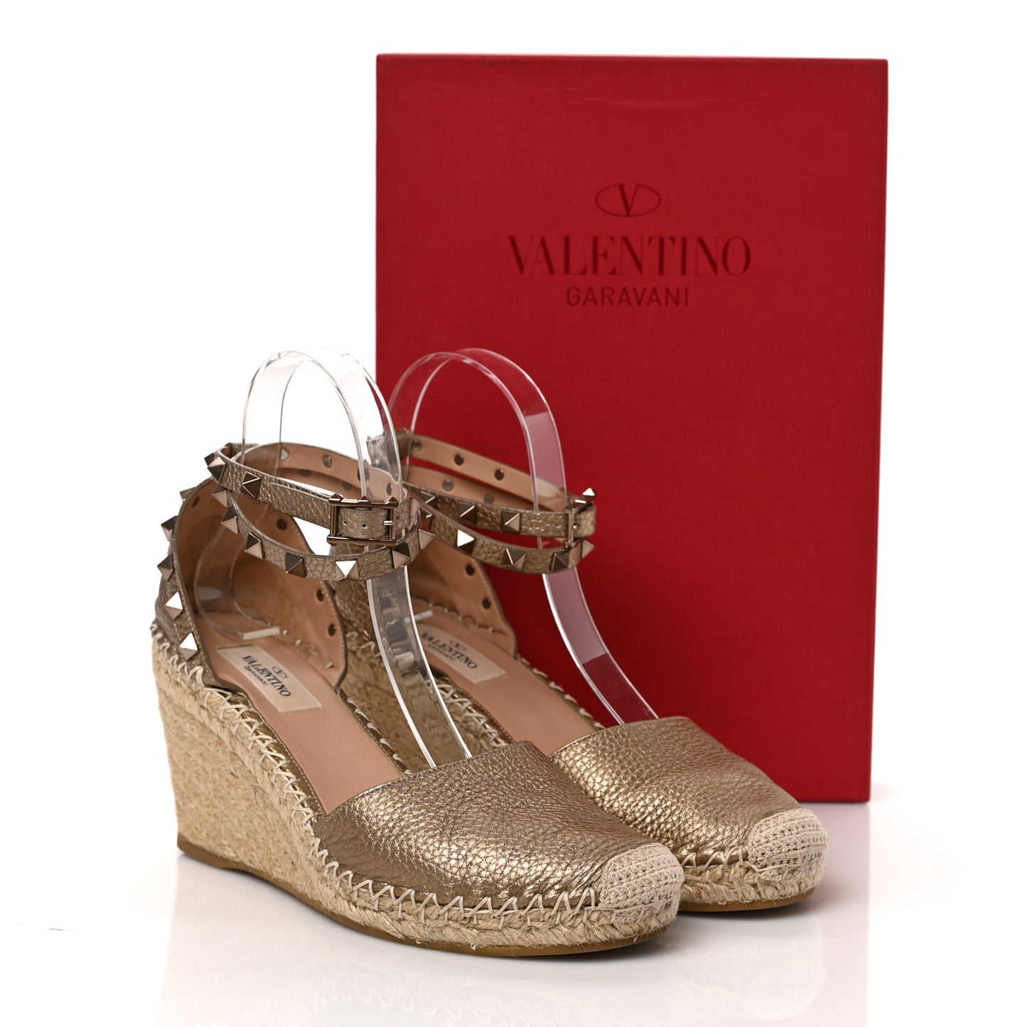 Metallic Grained Calfskin Rockstud Ankle Wrap Espadrille Wedges 38 Skin