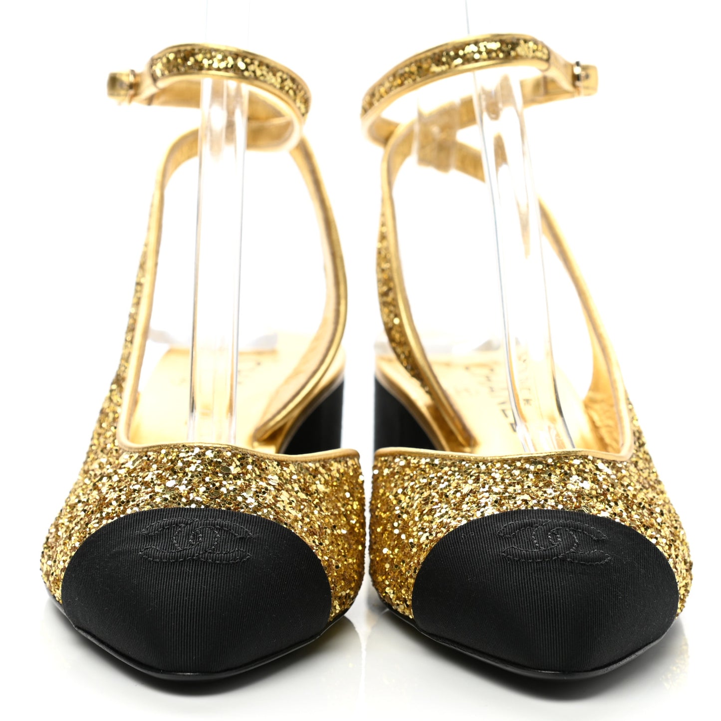 Glitter Grosgrain Cap Toe CC Ankle Wrap Pumps 39 Gold Black