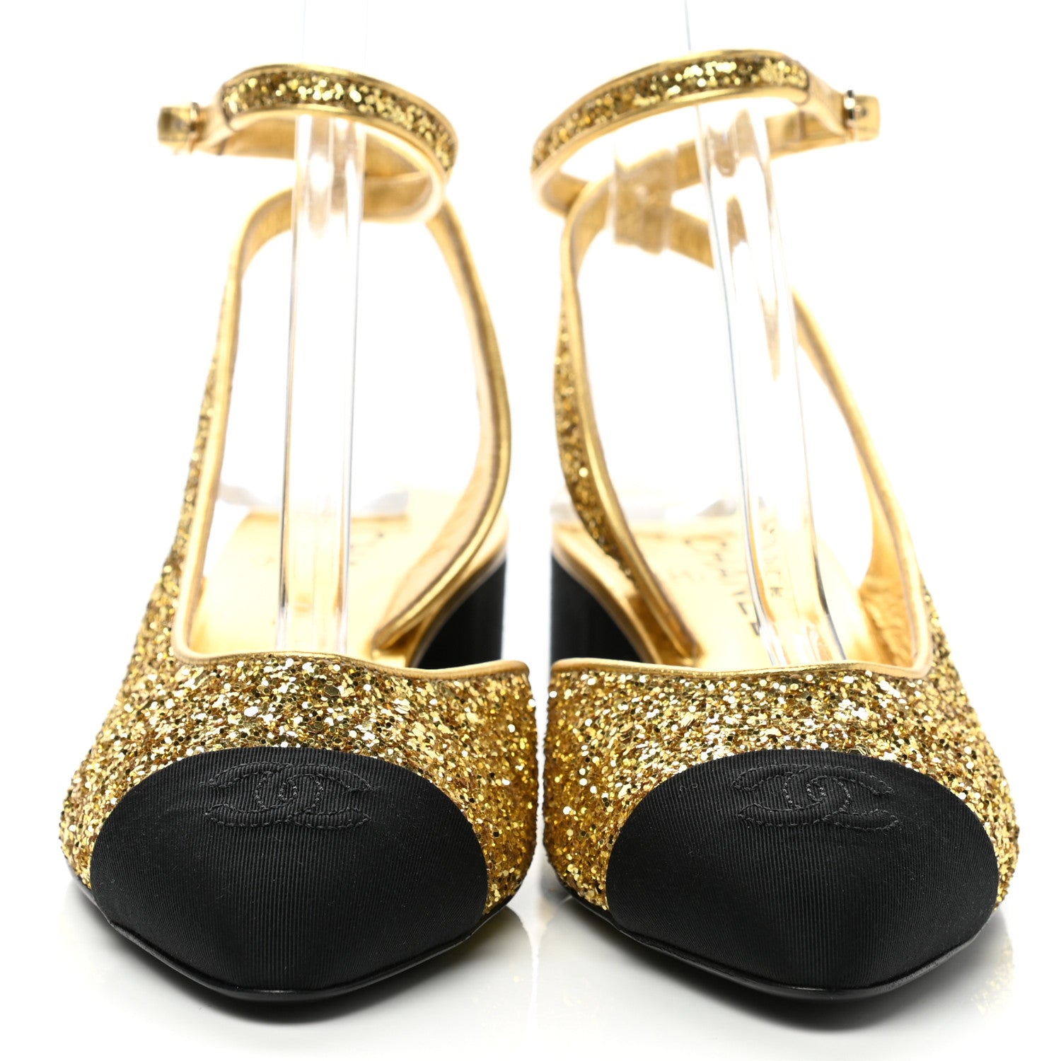 Chanel Glitter Grosgrain Cap Toe CC Ankle Wrap Pumps 39 Gold Black 2 of 8