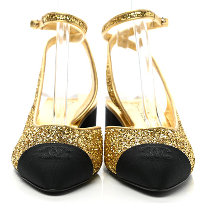 Chanel Glitter Grosgrain Cap Toe CC Ankle Wrap Pumps 39 Gold Black 2 of 8
