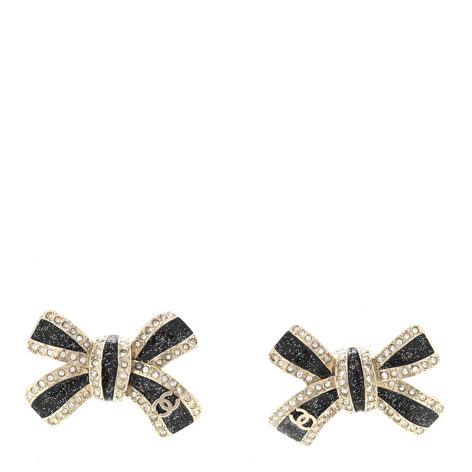Chanel Glitter Enamel Crystal Bow Stud Earrings Black Gold 1 of 5