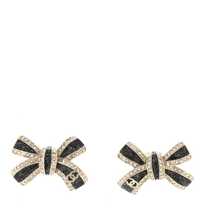 Chanel Glitter Enamel Crystal Bow Stud Earrings Black Gold 1 of 5