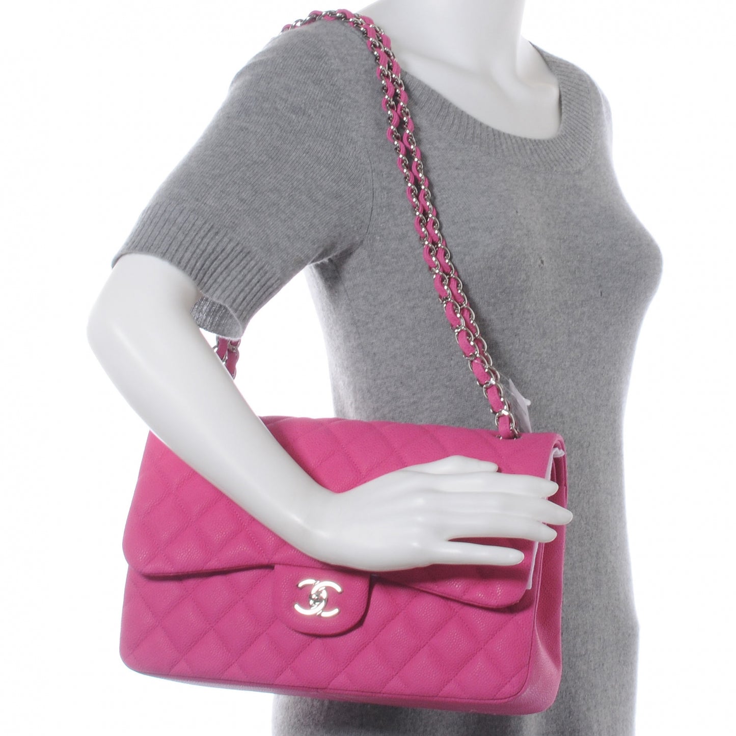 Iridescent Caviar Jumbo Double Flap Hot Pink