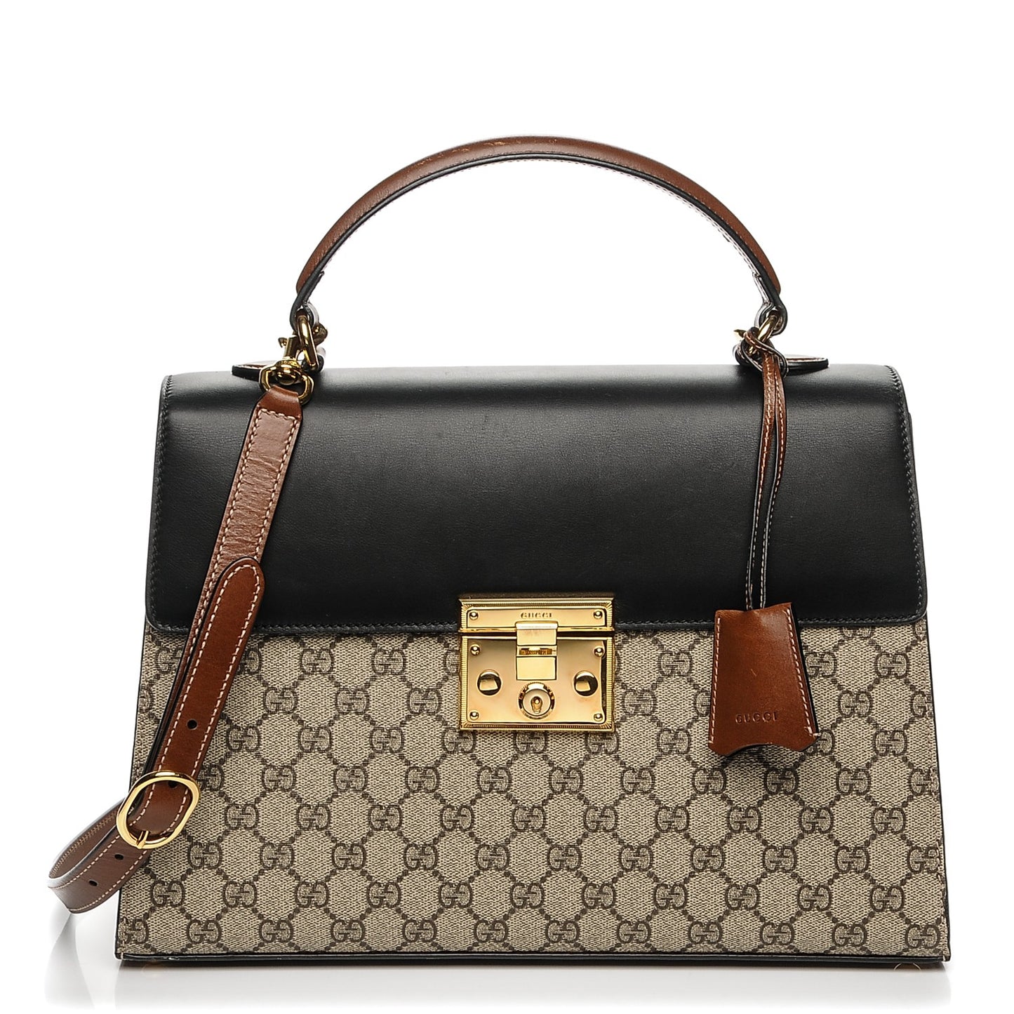 GG Supreme Monogram Calfskin Medium Padlock Top Handle Bag Beige Black Cuir