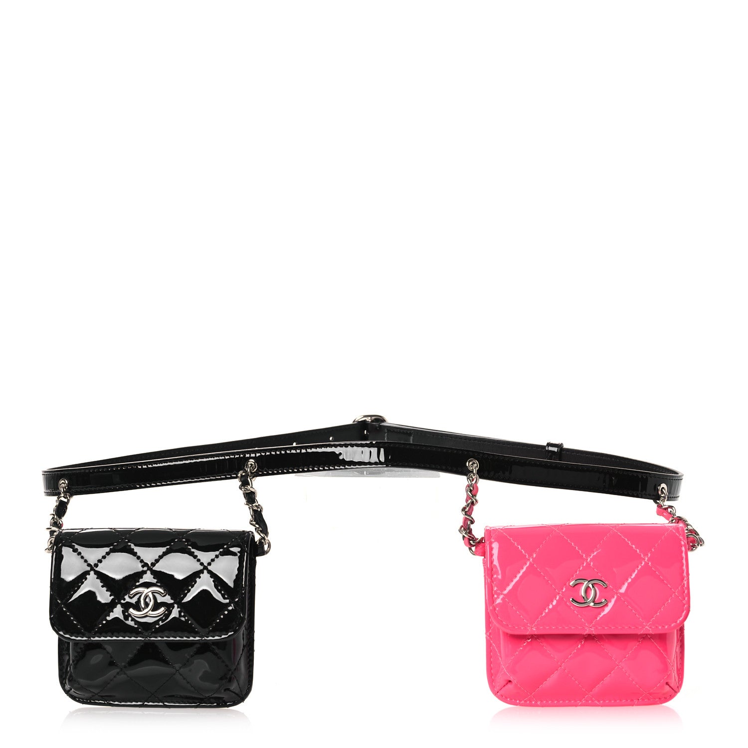 Chanel Patent Quilted Belt In Love Double Mini Flap Waist Bag Black Pink 1 of 16