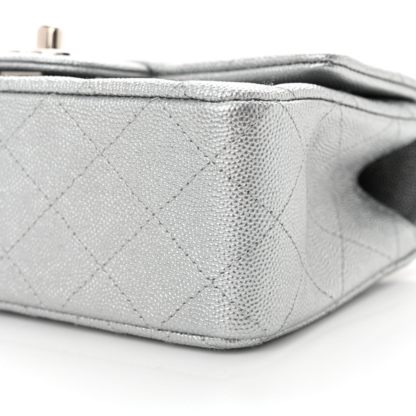 Metallic Caviar Quilted Mini Top Handle Rectangular Flap Silver