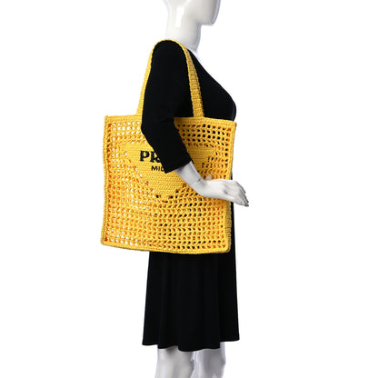 Prada Yarn Raffia Effect Crochet Logo Embroidered Tote Bag Giallo 2 of 9