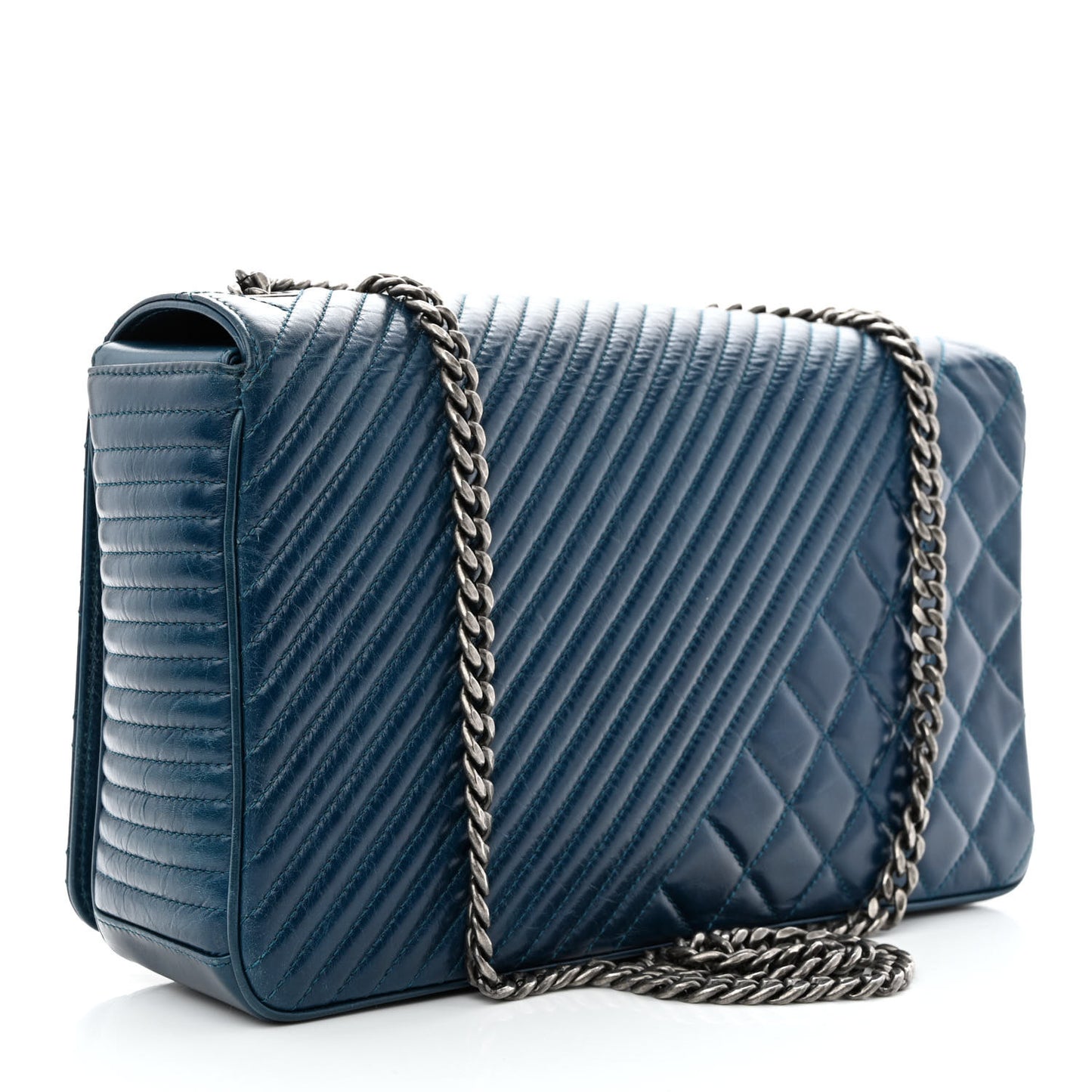 Glazed Calfskin Quilted Large Coco Boy Flap Blue