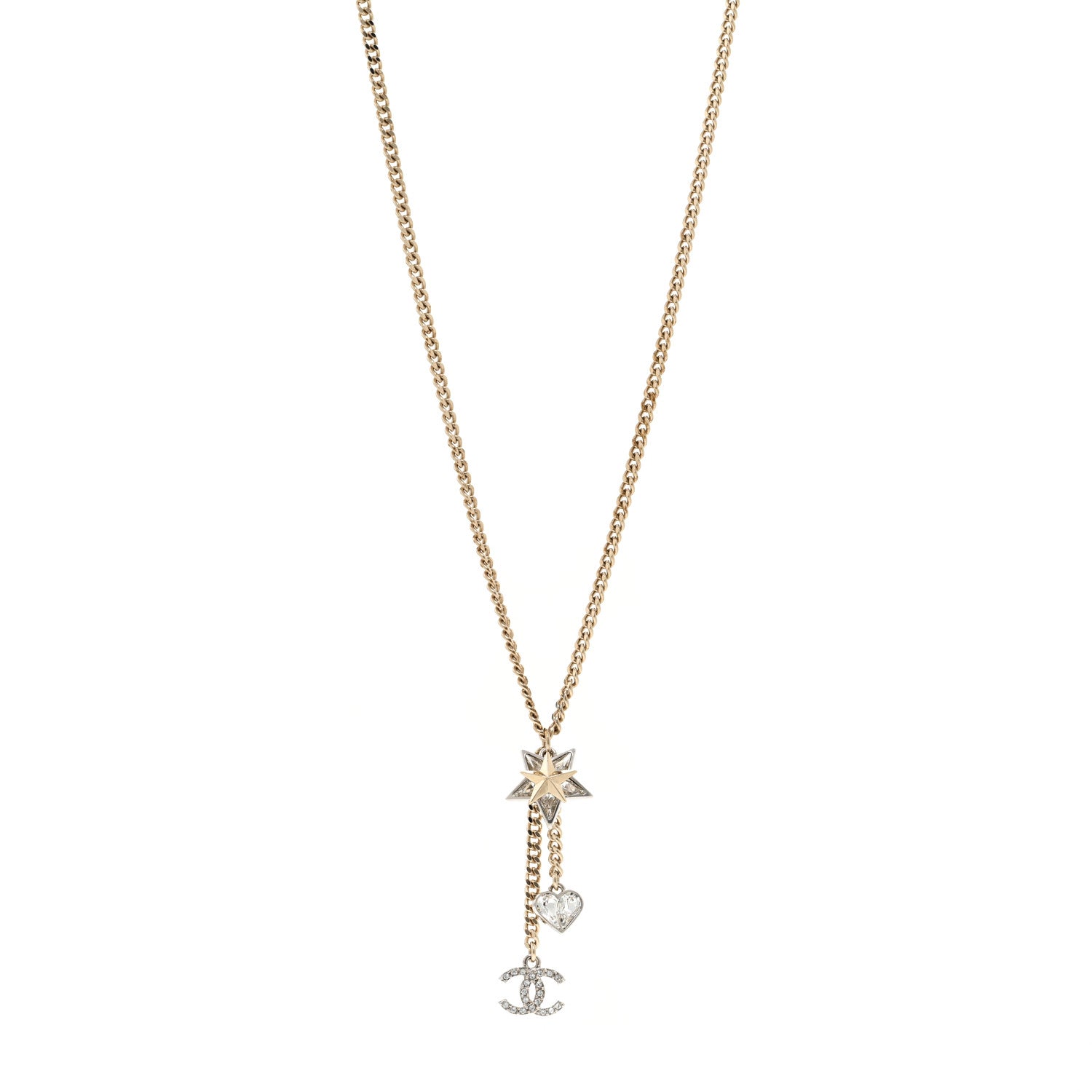 Chanel Crystal Star Heart CC Pendant Necklace Gold 1 of 5