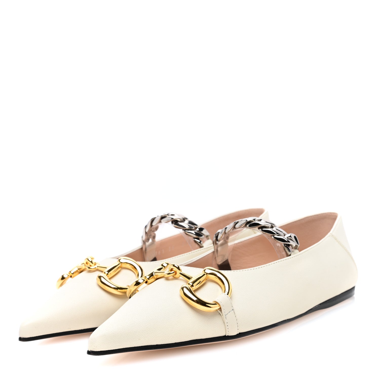 Gucci Nappa Lumiere Deva Horsebit Chain Embellished Flats 35 Dusty White 2 of 7