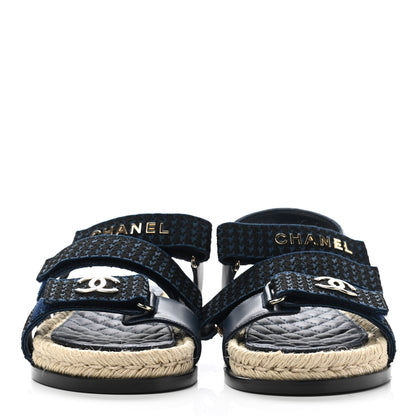 Chanel Tweed Lambskin Velcro Dad Sandals 37 Navy Black 2 of 8