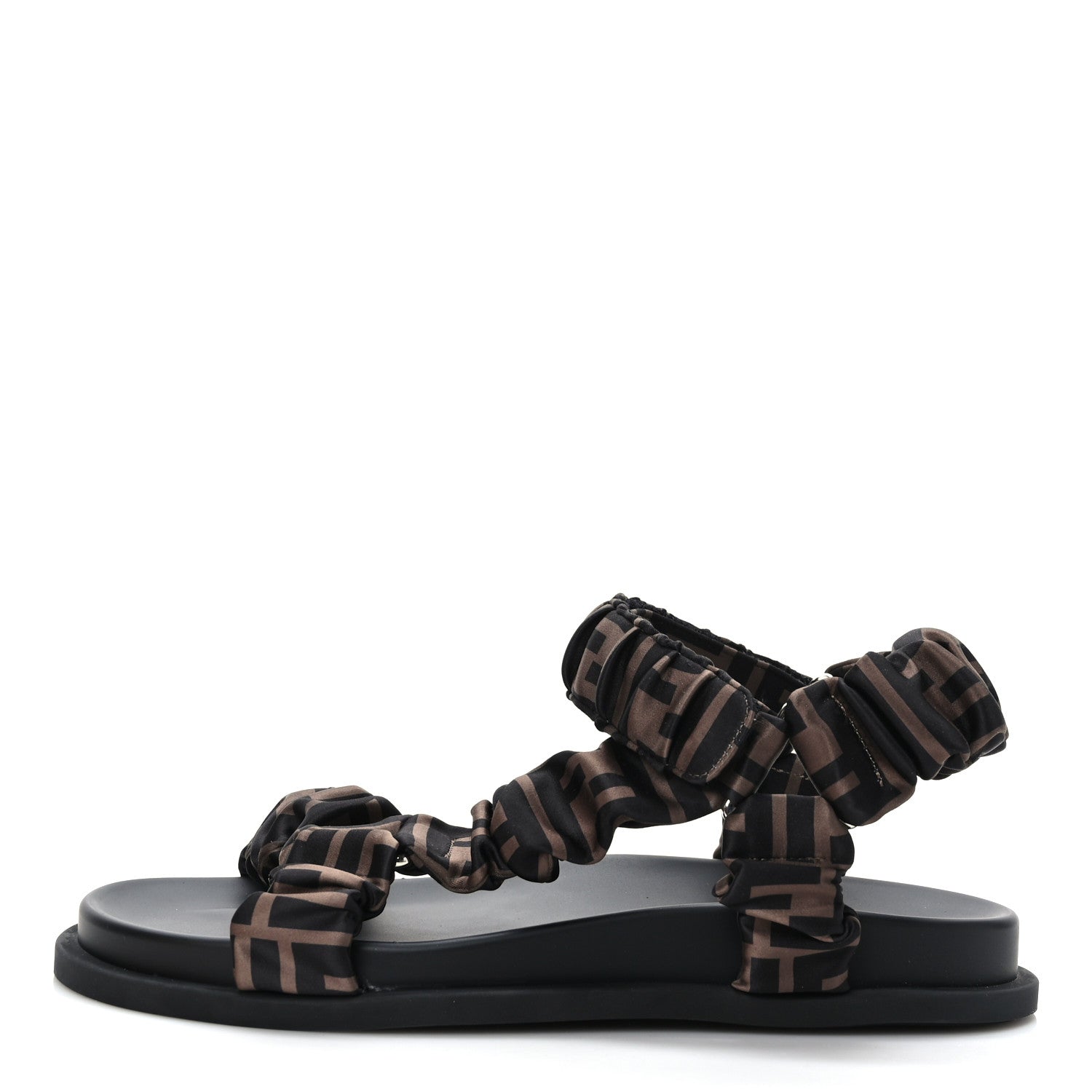 Fendi Satin FF Ruched Sandals 38.5 Tobacco Black 1 of 14