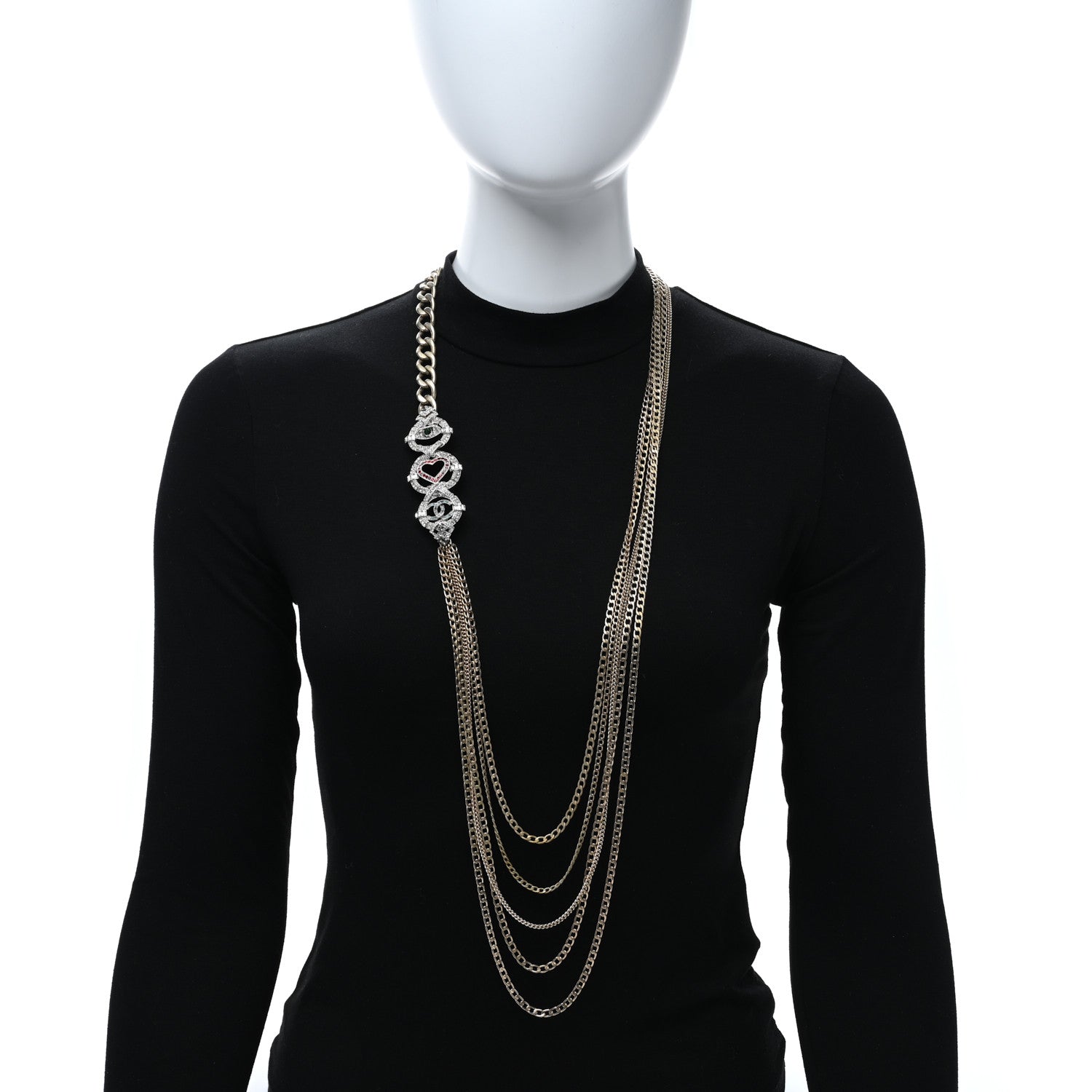 Chanel Crystal Eye Heart CC Multi Strand Chain Necklace Gold Green Pink Blue 2 of 5