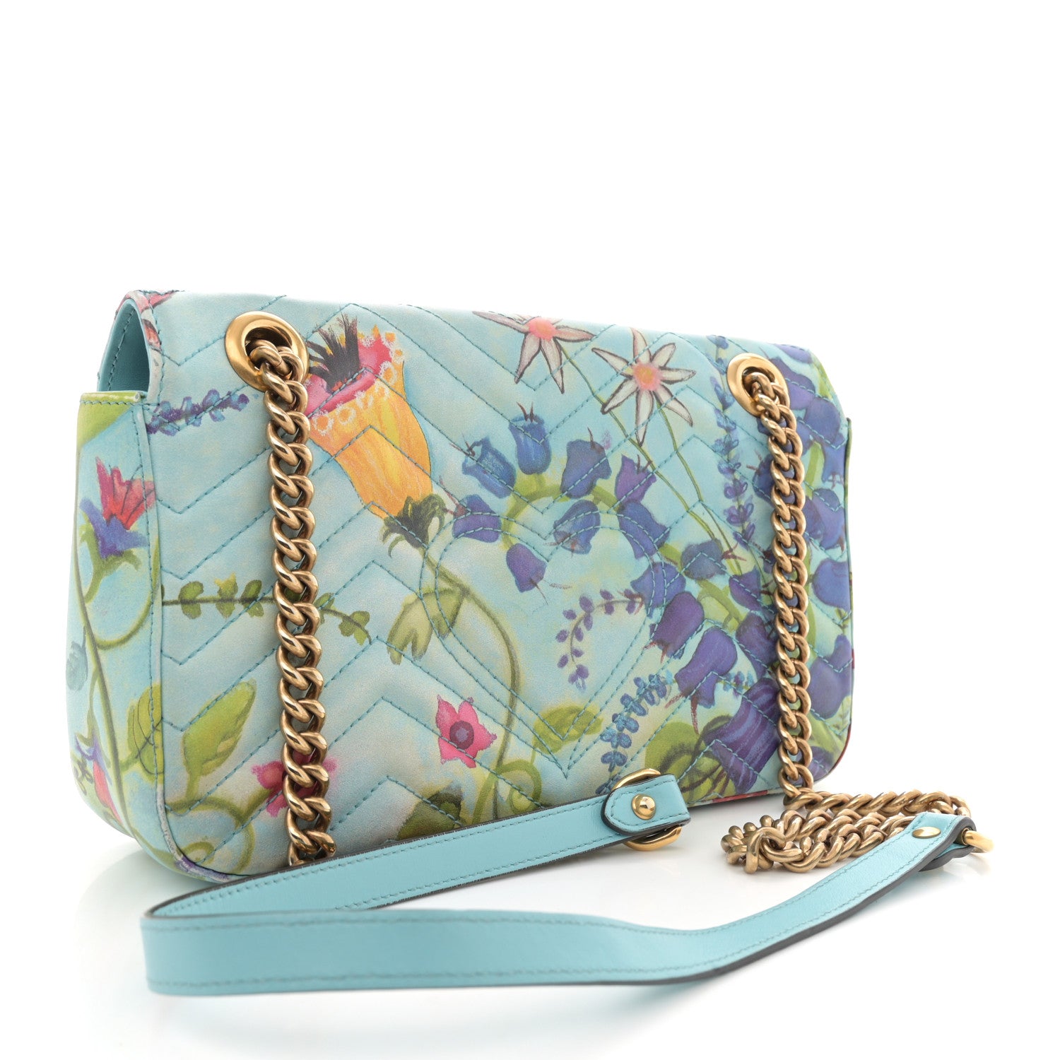 Gucci X UNSKILLED WORKER Calfskin Matelasse Flora Painted Small GG Marmont Shoulder Bag Cloudy Blue Multicolor 3 of 16