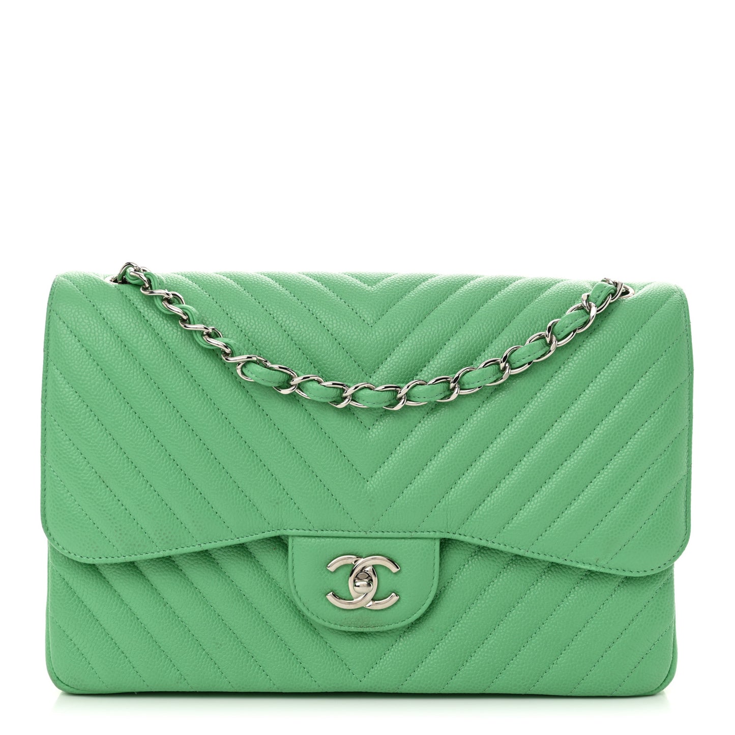 Caviar Chevron Quilted Jumbo Double Flap Green