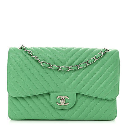 Chanel Caviar Chevron Quilted Jumbo Double Flap Green 1 of 13