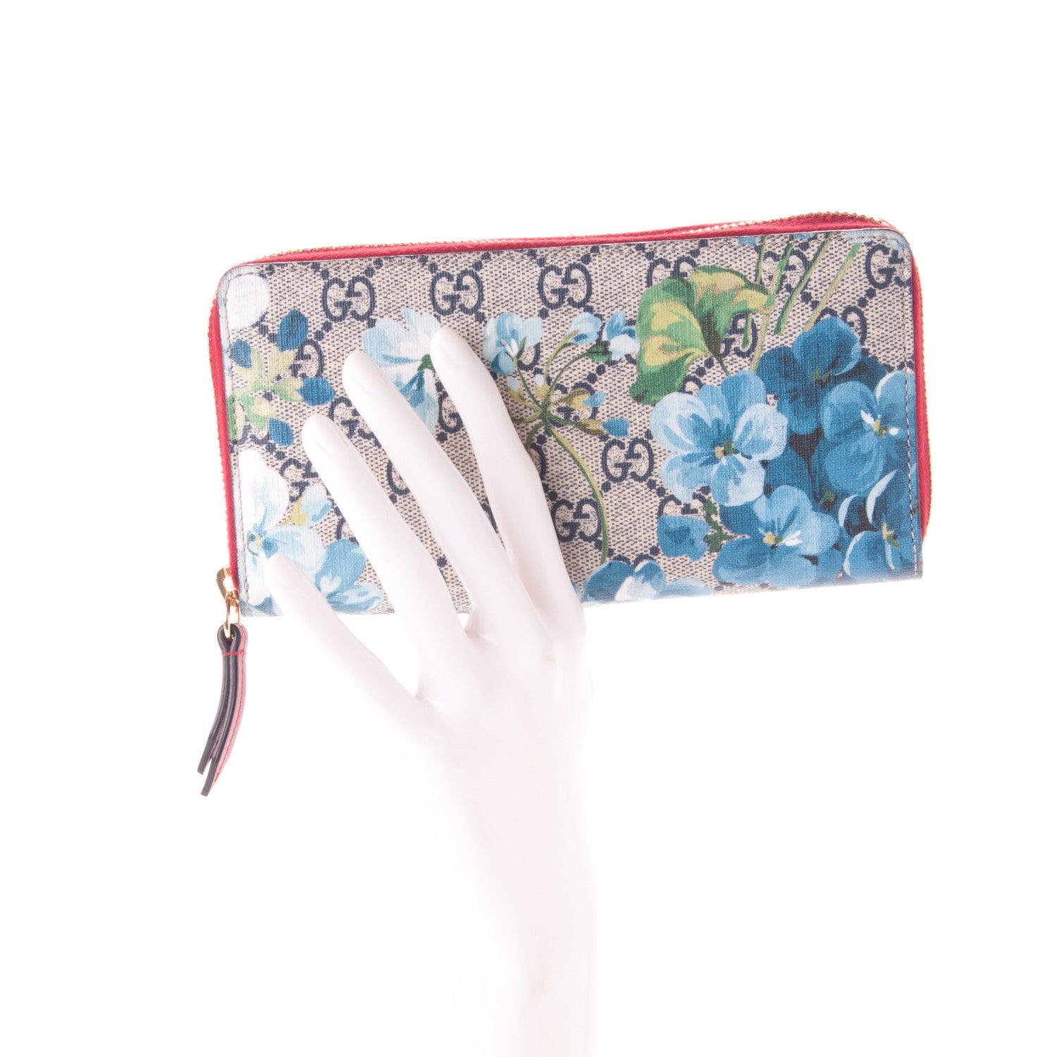Gucci GG Supreme Monogram Blooms Zip Around Wallet Blue Red 2 of 7