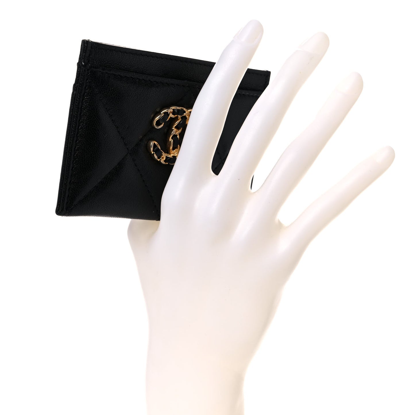 Shiny Goatskin Quilted Chanel 19 Card Holder Black