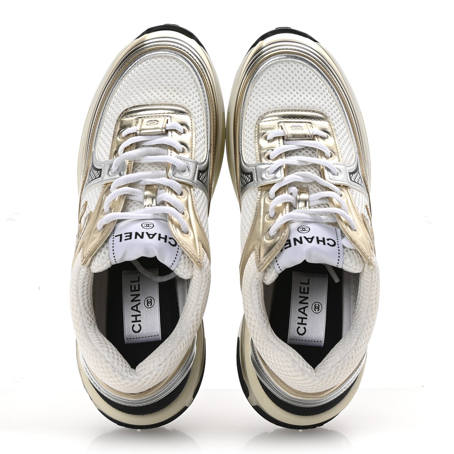 Fabric Laminated Calfskin Stretch CC Womens Sneakers 38.5 White Gold Silver