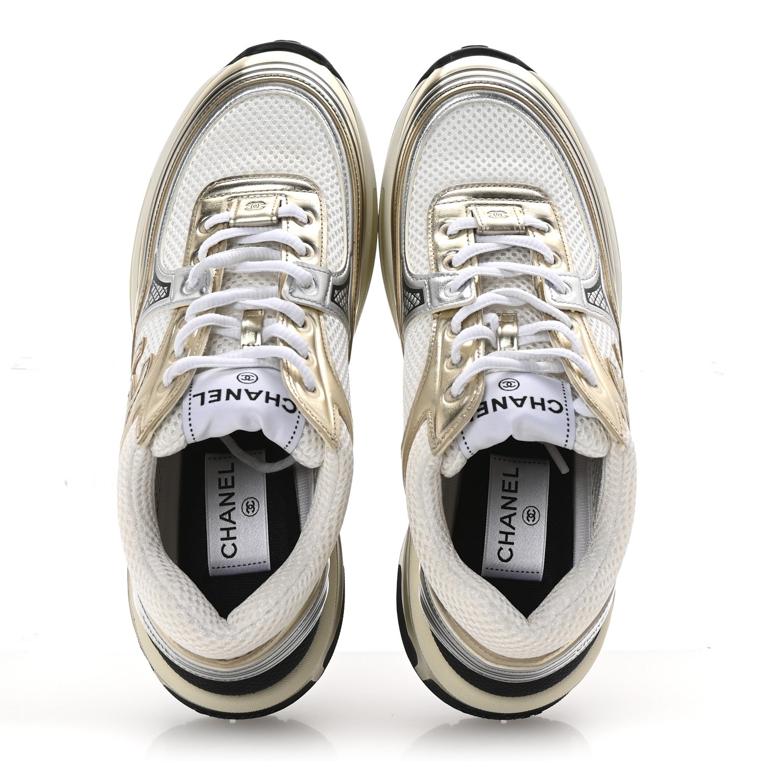 Chanel Fabric Laminated Calfskin Stretch CC Womens Sneakers 38.5 White Gold Silver 2 of 10