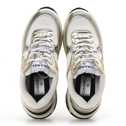 Chanel Fabric Laminated Calfskin Stretch CC Womens Sneakers 38.5 White Gold Silver 2 of 10