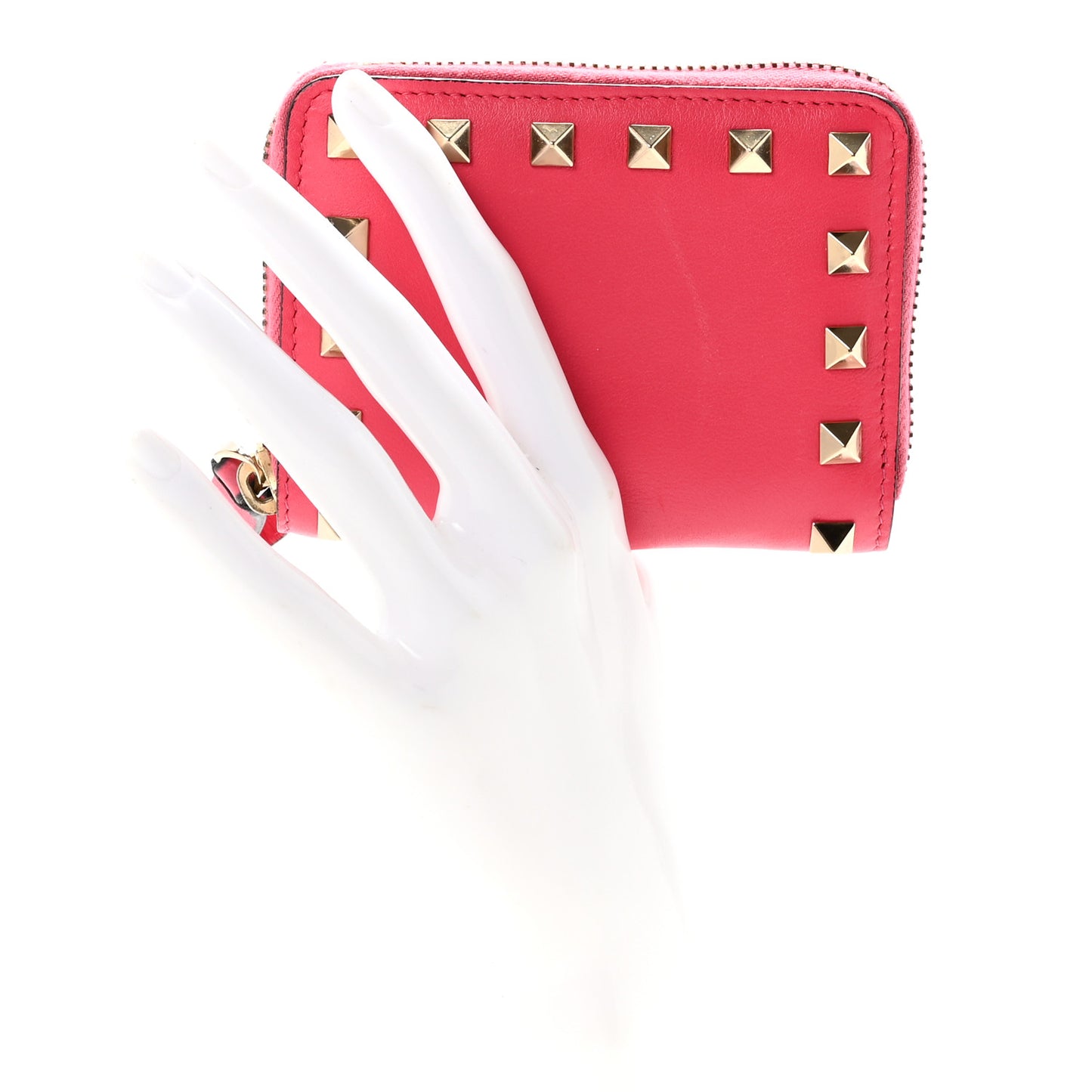 Calfskin Rockstud Zip Around Coin Case Card Holder Shadow Pink