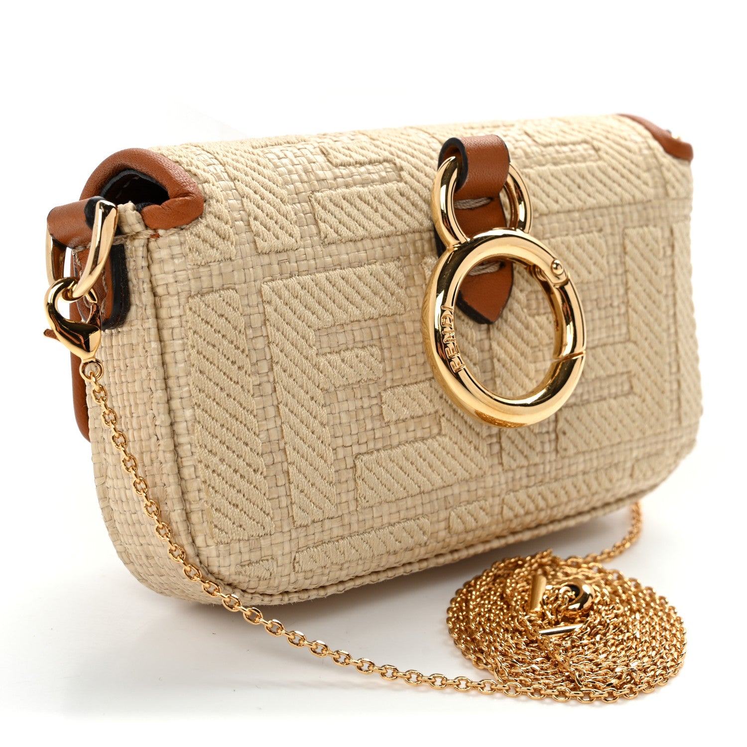 Fendi Raffia Vitello King Lucido FF Embroidered Nano Maxi Buckle Baguette Charm Alchemy Brandy 3 of 12