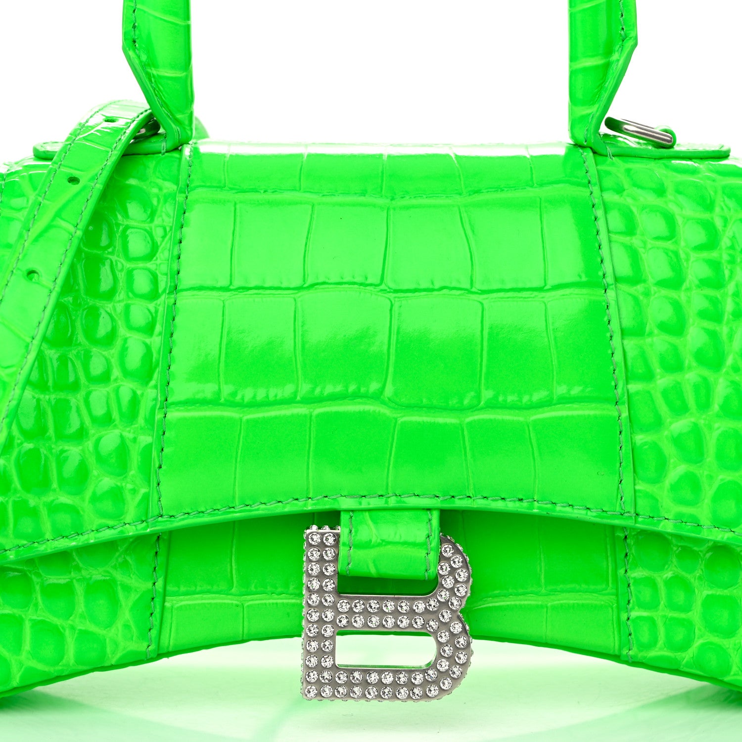 Balenciaga Shiny Calfskin Strass Crocodile Embossed Hourglass Top Handle Bag XS Fluo Green 9 of 11