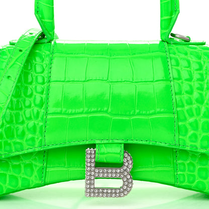 Balenciaga Shiny Calfskin Strass Crocodile Embossed Hourglass Top Handle Bag XS Fluo Green 9 of 11