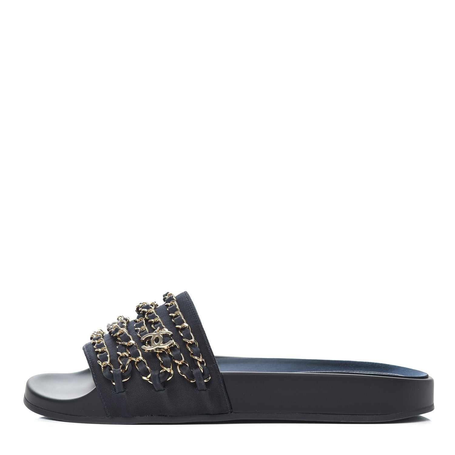 Chanel Satin Canvas Chain Slides Sandals Flats 38 Marine 1 of 13