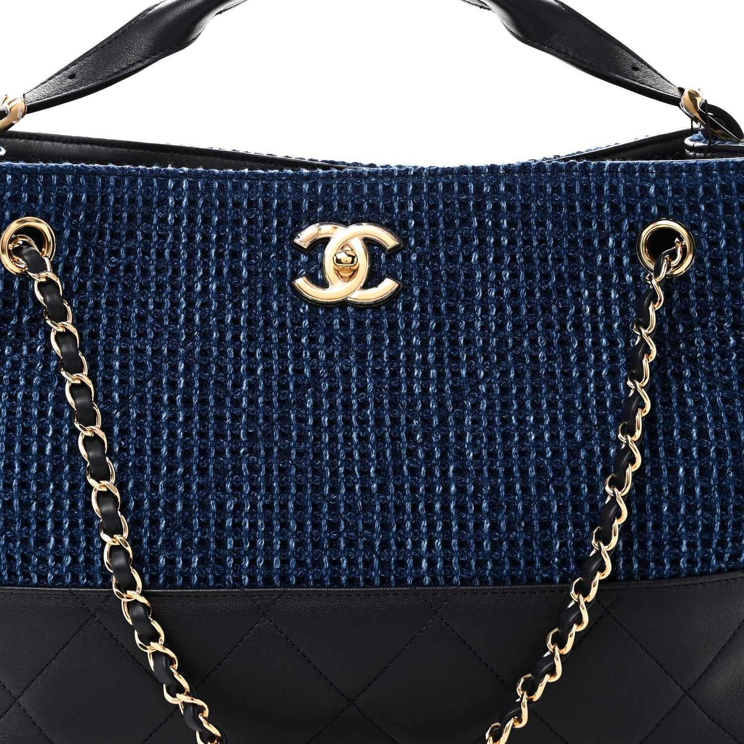Chanel Tweed Shiny Lambskin Quilted Coco Base Small Shopping Bag Dark Blue 8 of 11