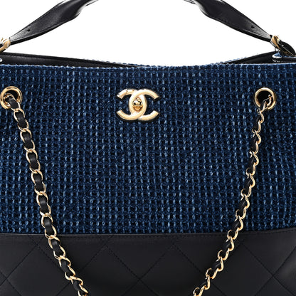 Chanel Tweed Shiny Lambskin Quilted Coco Base Small Shopping Bag Dark Blue 8 of 11