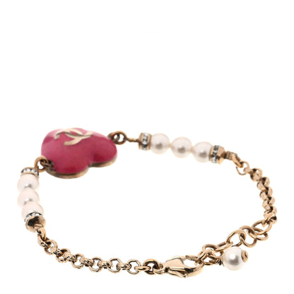 Chanel Resin Crystal Pearl Chain Heart CC Bracelet Pink White Gold 3 of 6