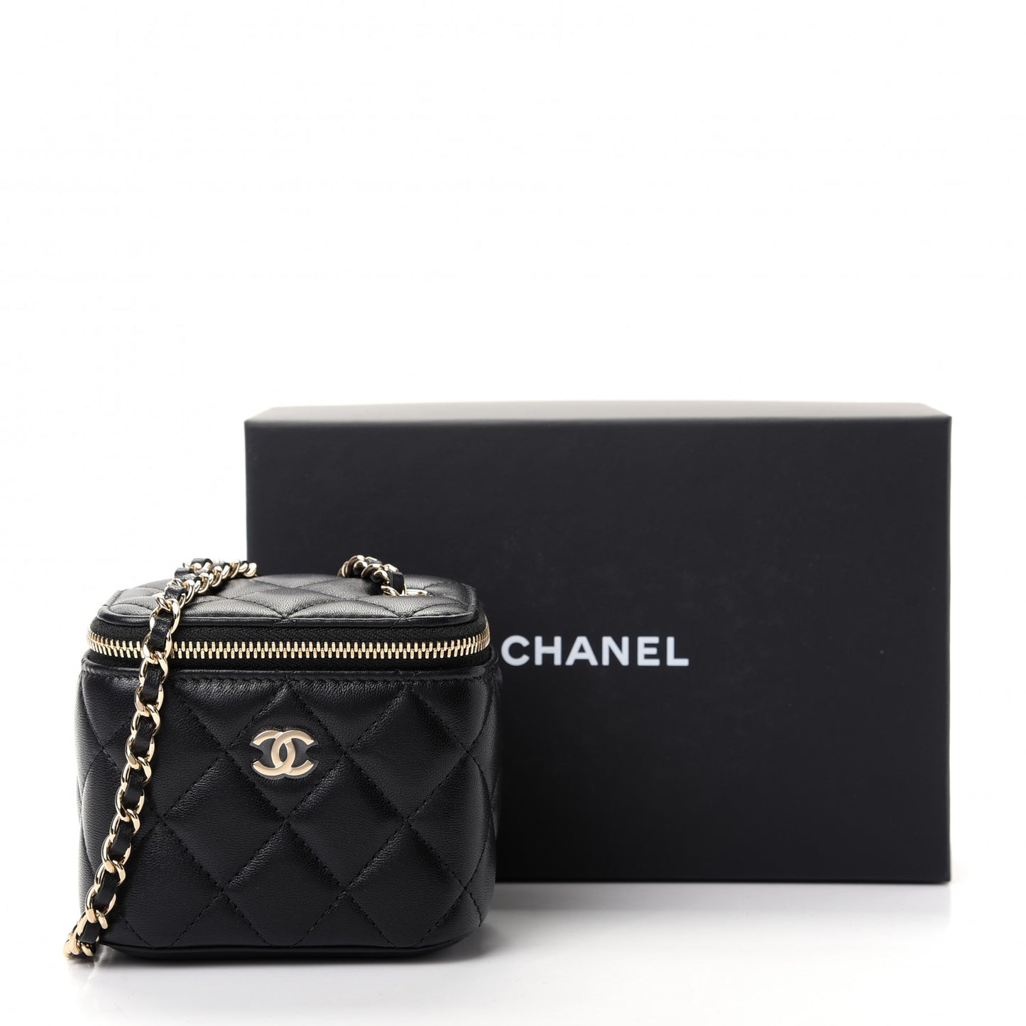 Lambskin Quilted Mini Vanity Case With Chain Black