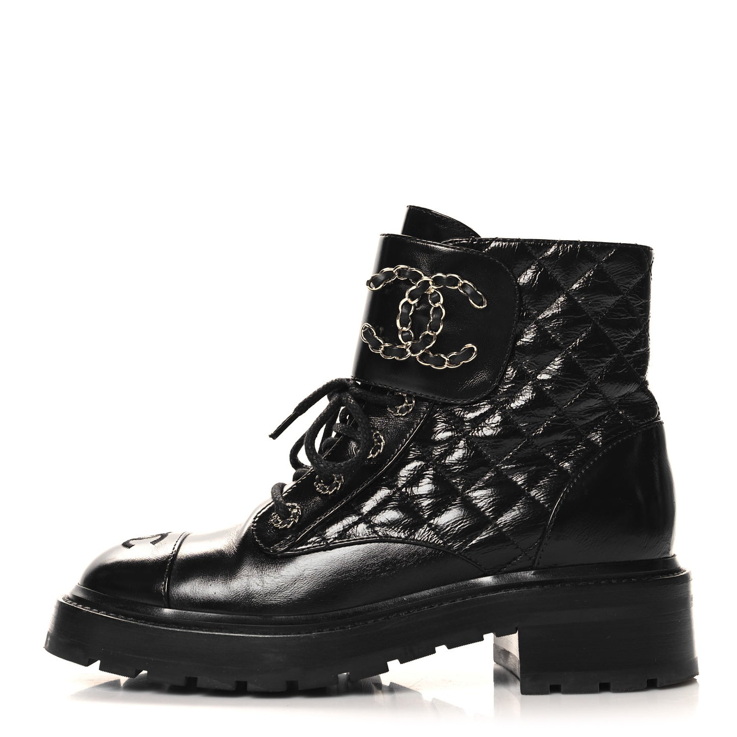 Shiny Goatskin Calfskin Quilted Lace Up Combat Boots 38 Black