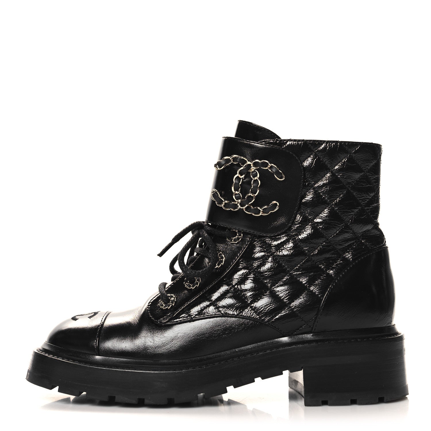 Chanel Shiny Goatskin Calfskin Quilted Lace Up Combat Boots 38 Black 1 of 8
