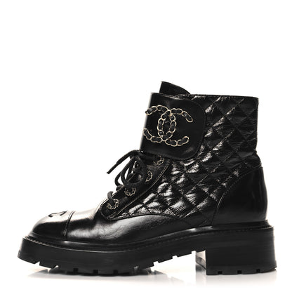 Chanel Shiny Goatskin Calfskin Quilted Lace Up Combat Boots 38 Black 1 of 8