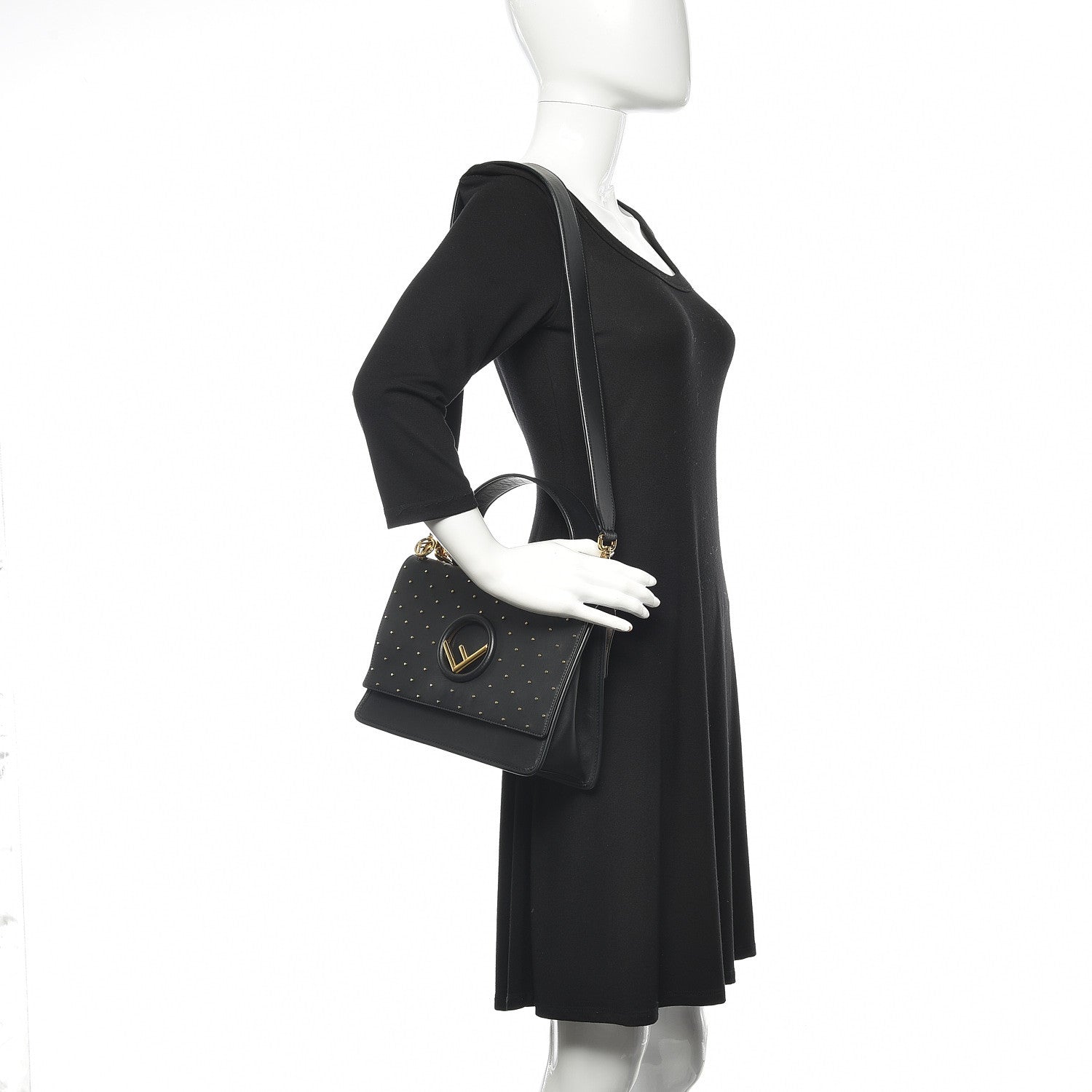 Fendi Vitello Liberty F is Studded Kan I Shoulder Bag Black Gold 2 of 9