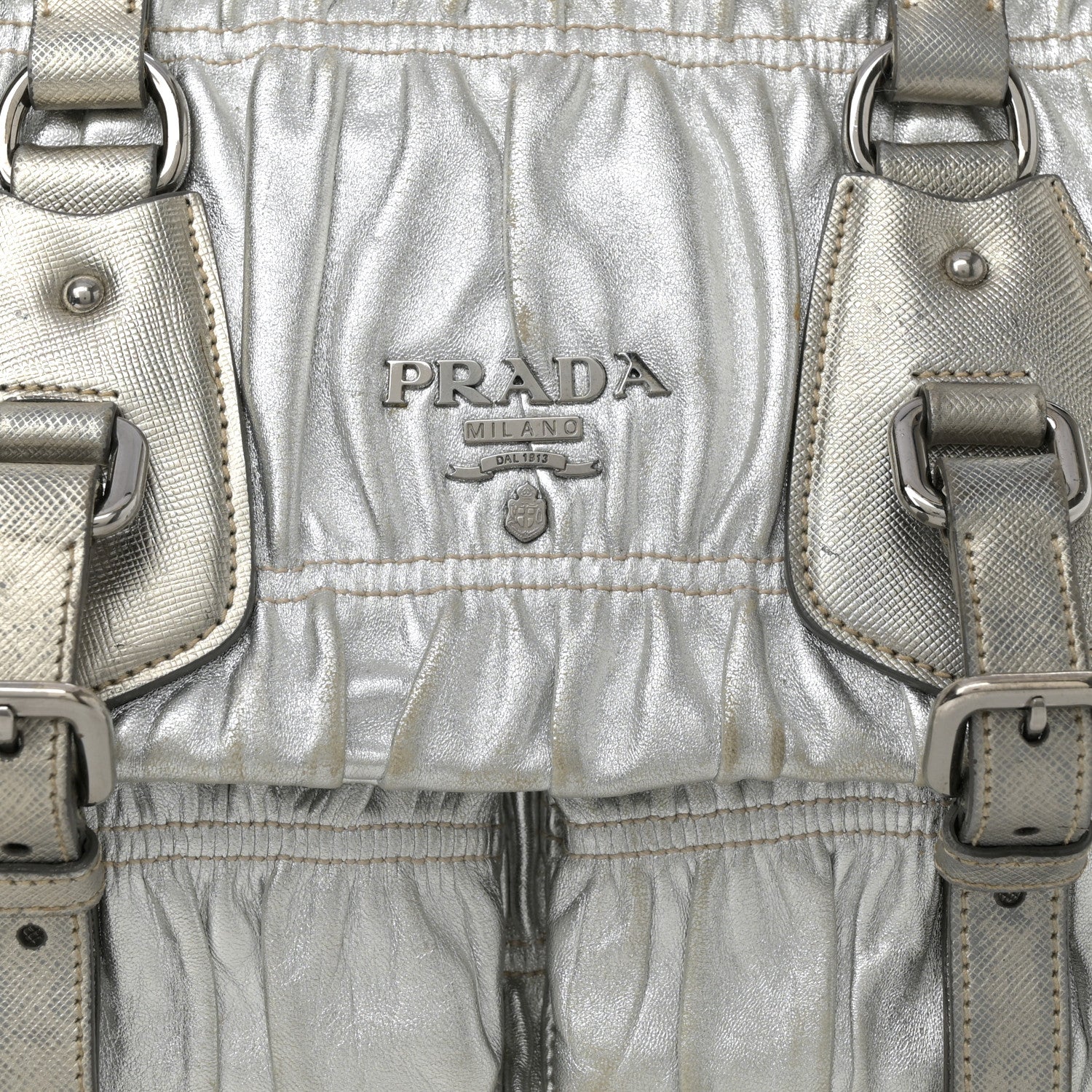 Prada Metallic Nappa Gaufre Messenger Tote Argento 9 of 19