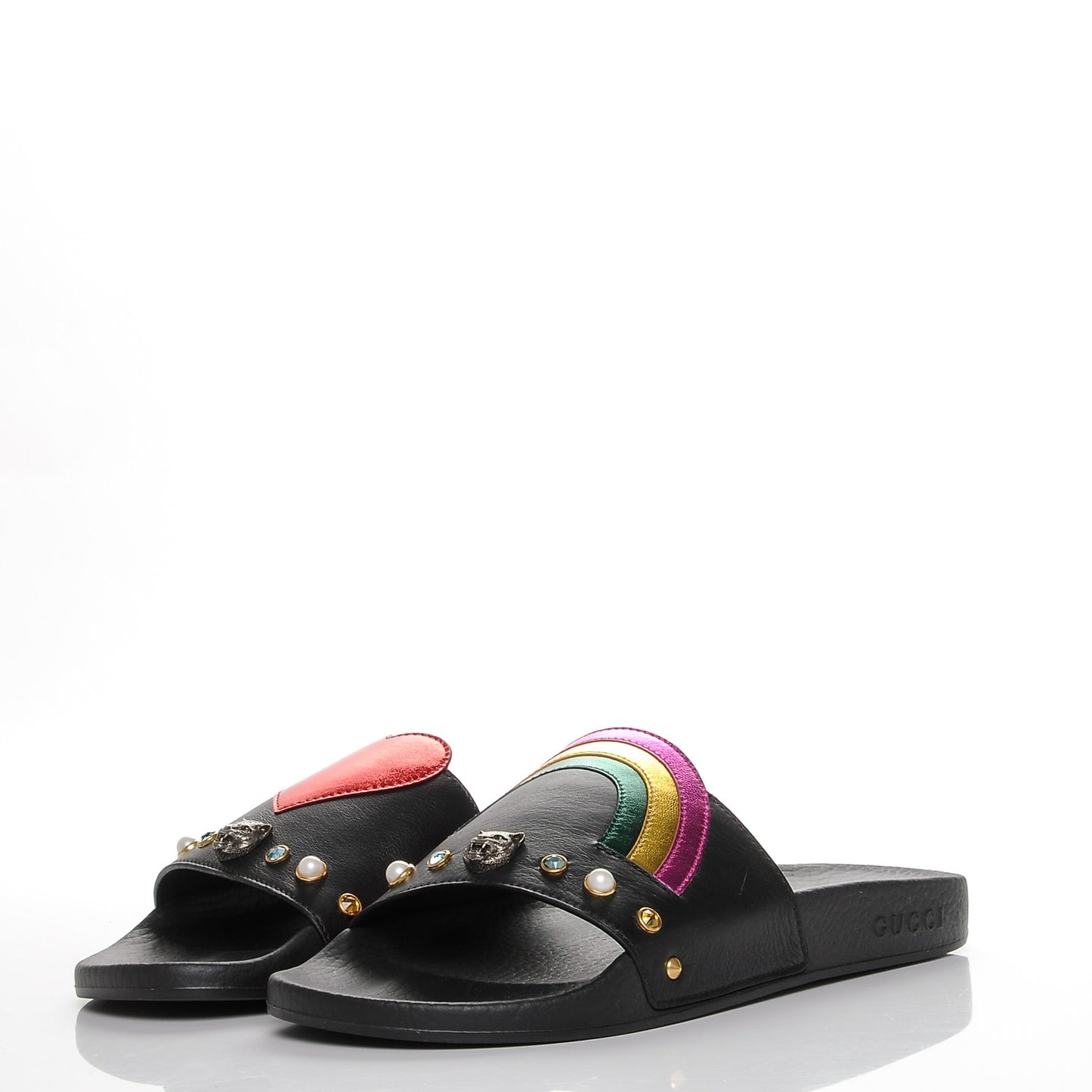 Calfskin Rainbow Heart Pursuit Slide Sandals 40 Black